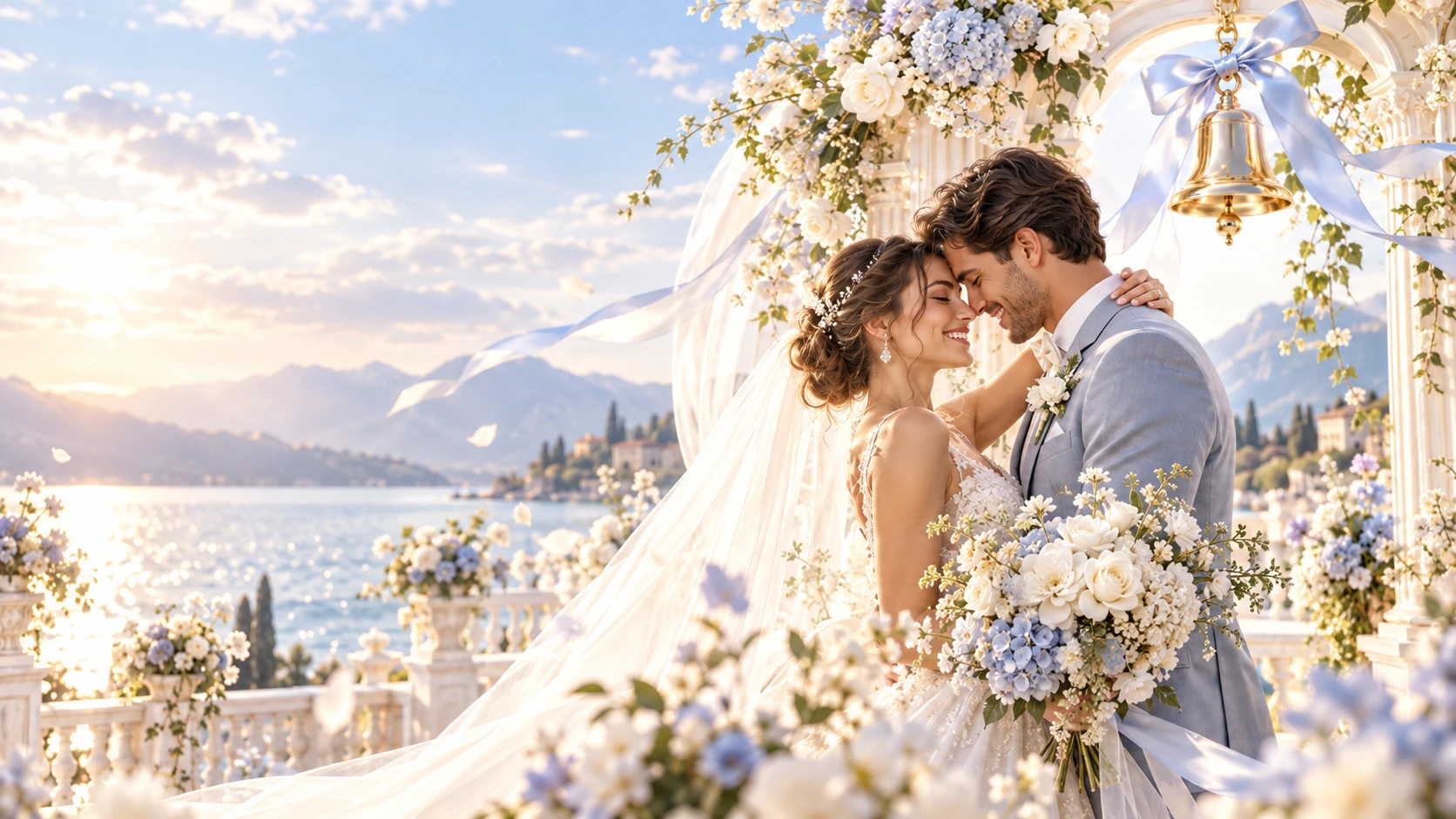 Casal celebrando o casamento em um cenário romântico